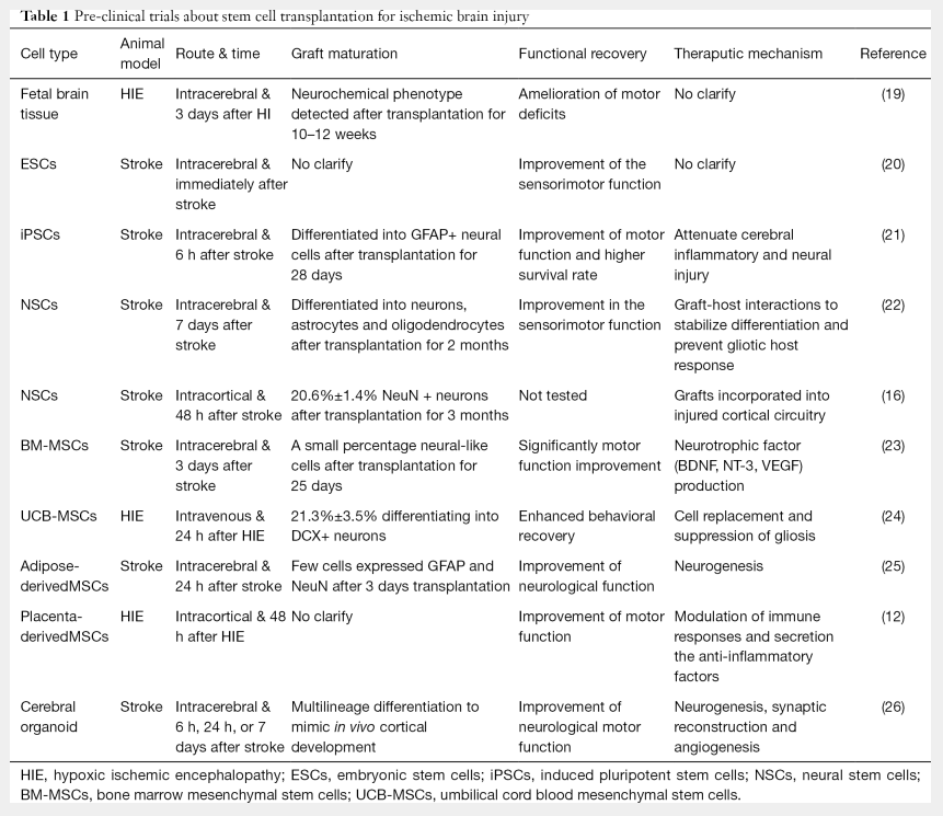 表1:干細(xì)胞移植治療缺血性腦損傷的臨床前試驗(yàn) 表1:干細(xì)胞移植治療缺血性腦損傷的臨床前試驗(yàn)