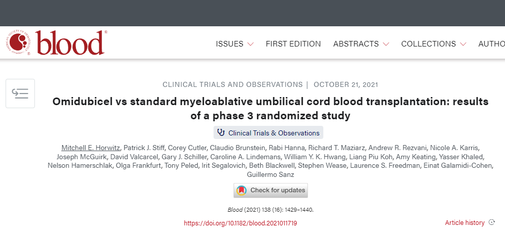 Omidubicel 對(duì)比標(biāo)準(zhǔn)清髓性臍帶血移植:一項(xiàng)3期隨機(jī)研究的結(jié)果 Omidubicel對(duì)比標(biāo)準(zhǔn)清髓性臍帶血移植:一項(xiàng)3期隨機(jī)研究的結(jié)果