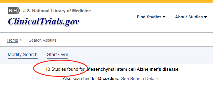 clinicaltrials.gov網(wǎng)站上注冊的有關(guān)間充質(zhì)干細(xì)胞治療阿爾茨海默氏病的臨床研究項目有13項。 clinicaltrials.gov網(wǎng)站上注冊的有關(guān)間充質(zhì)干細(xì)胞治療阿爾茨海默氏病的臨床研究項目有13項。