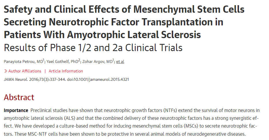 間充質(zhì)干細(xì)胞移植治療肌萎縮側(cè)索硬化癥的安全性及臨床效果1/2期及2a期臨床試驗結(jié)果 間充質(zhì)干細(xì)胞移植治療肌萎縮側(cè)索硬化癥的安全性及臨床效果1/2期及2a期臨床試驗結(jié)果