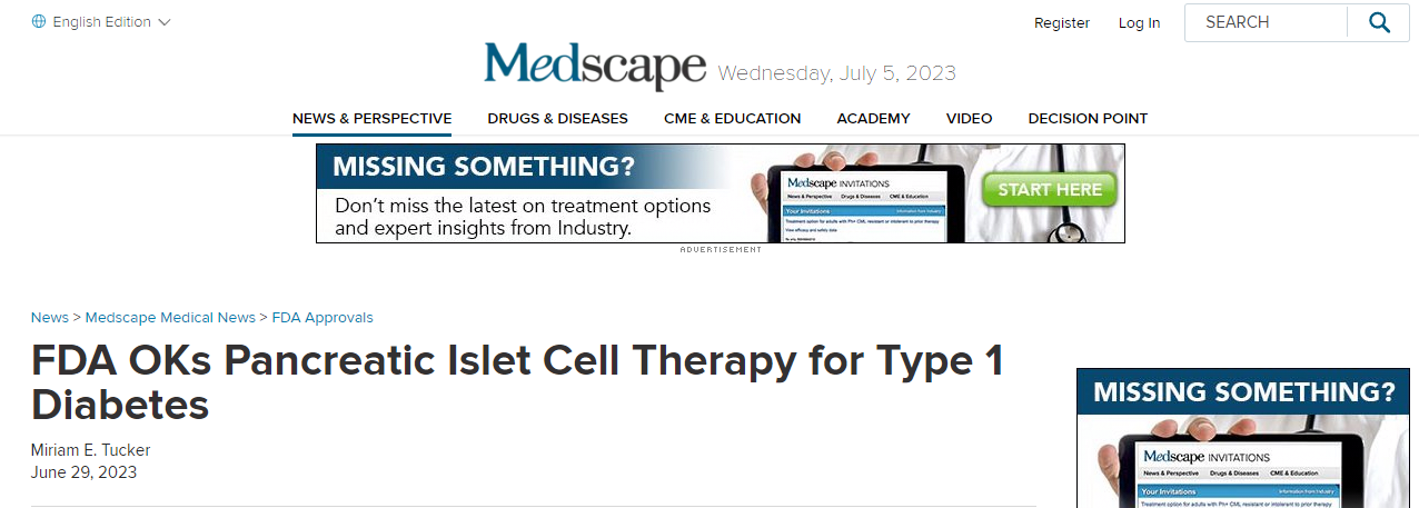 FDA批準(zhǔn)Lantidra，首個(gè)治療1型糖尿病的細(xì)胞療法