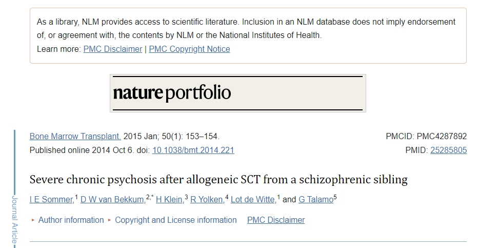 接受來自精神分裂癥同種異體 SCT 后出現嚴重慢性精神病