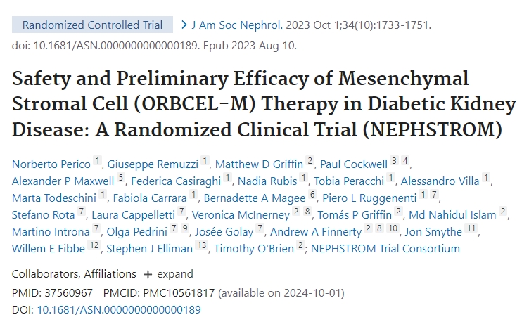 間充質基質細胞 (ORBCEL-M) 治療糖尿病腎病的安全性和初步療效:一項隨機臨床試驗 (NEPHSTROM) 間充質基質細胞 (ORBCEL-M) 治療糖尿病腎病的安全性和初步療效:一項隨機臨床試驗 (NEPHSTROM)