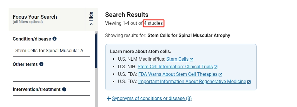 干細(xì)胞治療脊髓性肌萎縮癥的臨床研究項(xiàng)目有4項(xiàng)。其中已完成的有1項(xiàng)。