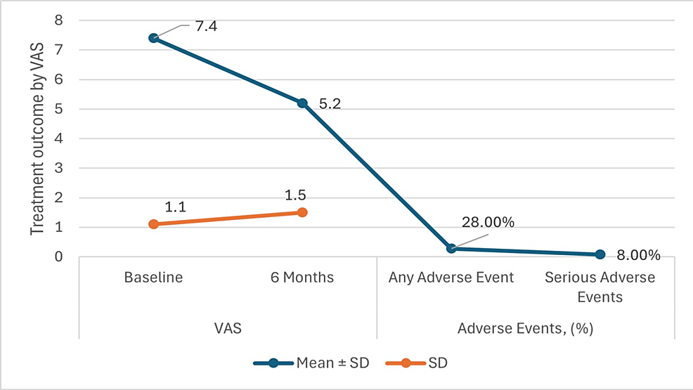 圖3:六個(gè)月隨訪治療結(jié)果(視覺(jué)模擬量表 (VAS)) 圖3:六個(gè)月隨訪治療結(jié)果(視覺(jué)模擬量表 (VAS))