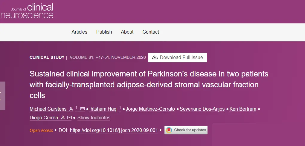 面部移植脂肪來源的基質(zhì)血管成分細胞后，兩名帕金森病患者病情持續(xù)改善