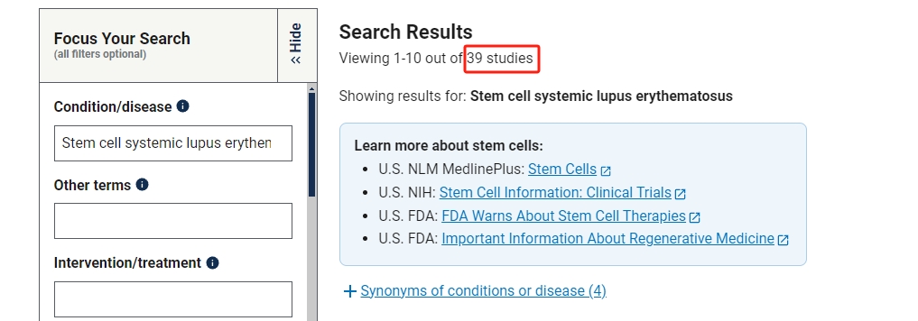 干細胞治療系統(tǒng)性紅斑狼瘡臨床研究項目有39項。其中國內發(fā)布的占據8項。
