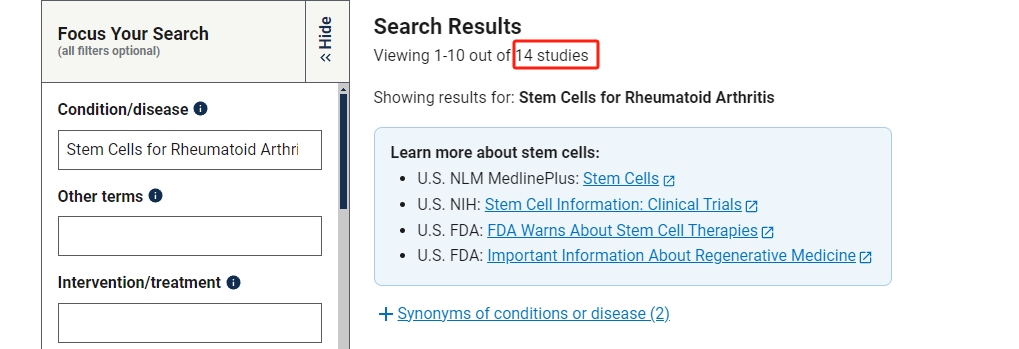 干細胞治療類風濕關節炎臨床研究項目有14項。其中國內發布的占據4項。 干細胞治療類風濕關節炎臨床研究項目有14項。其中國內發布的占據4項。