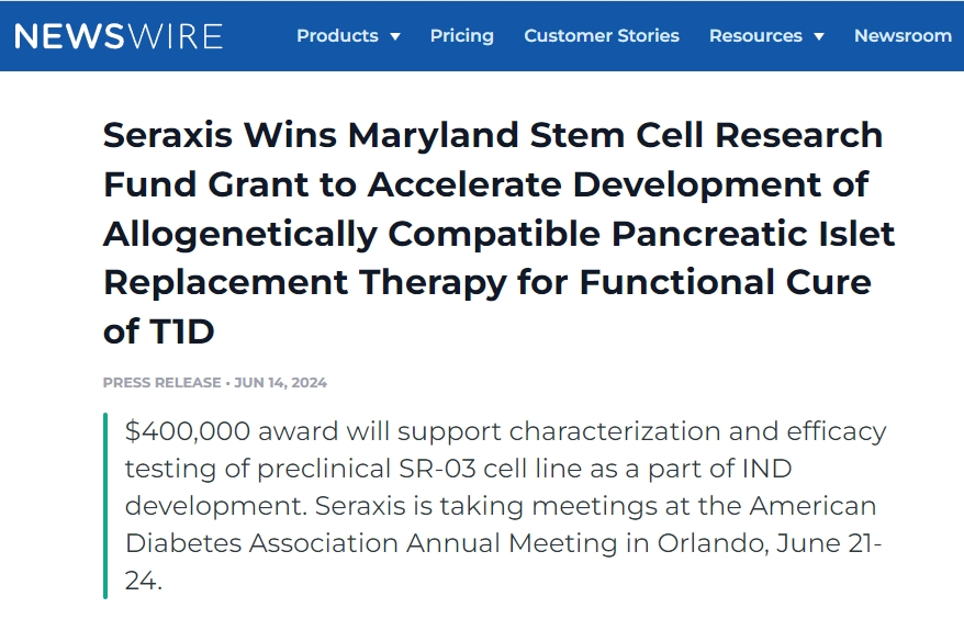 Seraxis 獲得馬里蘭州干細胞研究基金資助,加速開發(fā)同種異體相容性胰島替代療法,實現(xiàn) 1 型糖尿病功能性治愈 Seraxis 獲得馬里蘭州干細胞研究基金資助,加速開發(fā)同種異體相容性胰島替代療法,實現(xiàn) 1 型糖尿病功能性治愈