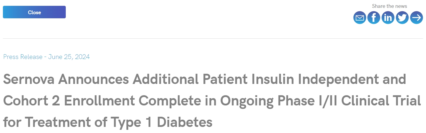 Sernova 宣布正在進行的 1/2 期臨床試驗中,額外的胰島素獨立患者和第 2 組患者入組已完成!用于治療 1 型糖尿病 Sernova 宣布正在進行的 1/2 期臨床試驗中,額外的胰島素獨立患者和第 2 組患者入組已完成!用于治療 1 型糖尿病