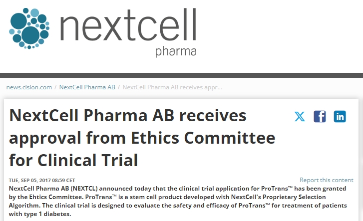 NextCell Pharma AB 獲得倫理委員會臨床試驗批準 NextCell Pharma AB 獲得倫理委員會臨床試驗批準
