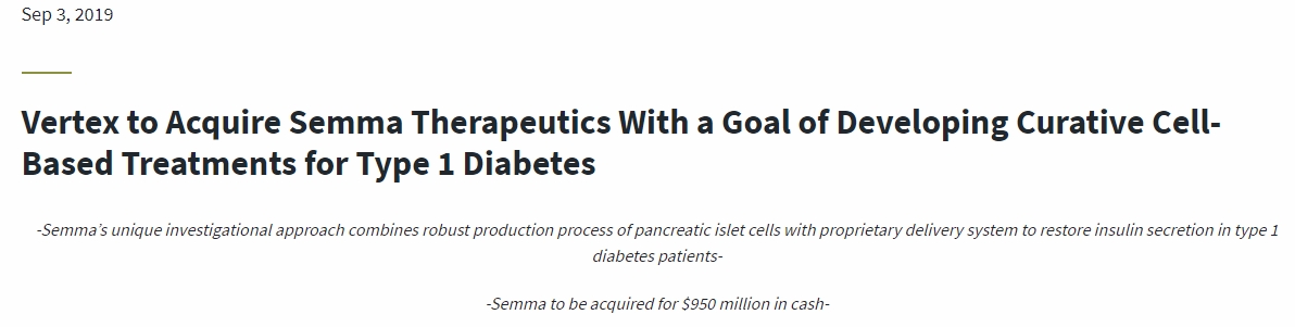 Vertex 收購 semma Therapeutics,旨在開發(fā) 1 型糖尿病的細胞療法 Vertex 收購 semma Therapeutics,旨在開發(fā) 1 型糖尿病的細胞療法