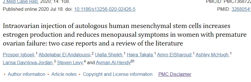 卵巢內(nèi)注射自體人類間充質(zhì)干細(xì)胞可增加卵巢早衰女性的雌激素產(chǎn)生并減少更年期癥狀 卵巢內(nèi)注射自體人類間充質(zhì)干細(xì)胞可增加卵巢早衰女性的雌激素產(chǎn)生并減少更年期癥狀