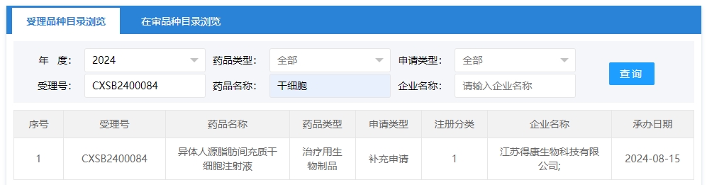 “異體人源脂肪間充質干細胞注射液”的臨床試驗申請獲受理(受理號為:CXSB2400084)獲得受理 “異體人源脂肪間充質干細胞注射液”的臨床試驗申請獲受理(受理號為:CXSB2400084)獲得受理
