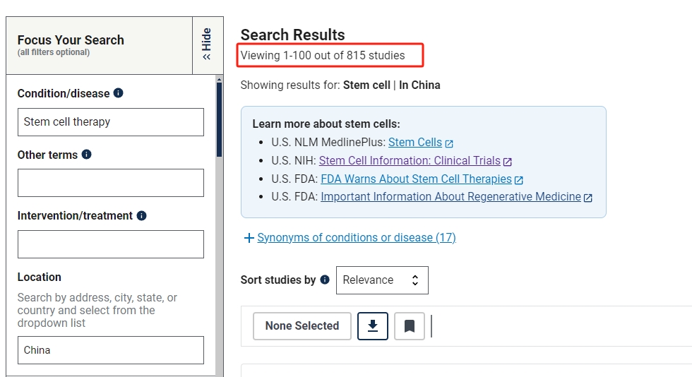 在中國進行的干細胞臨床研究的項目有815項 在中國進行的干細胞臨床研究的項目有815項