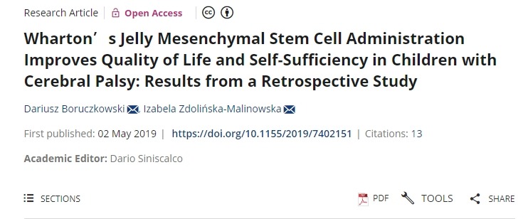 沃頓果凍間充質(zhì)干細(xì)胞治療可改善腦癱兒童的生活質(zhì)量和自給自足能力：一項回顧性研究的結(jié)果