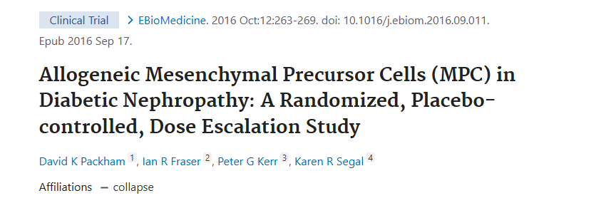 2016年9月17日，墨爾本腎臟研究小組在國際期刊《EBio Medicine》上發布了一篇《同種異體間充質前體細胞 (MPC) 在糖尿病腎病中的作用：一項隨機、安慰劑對照、劑量遞增研究》的研究結果。