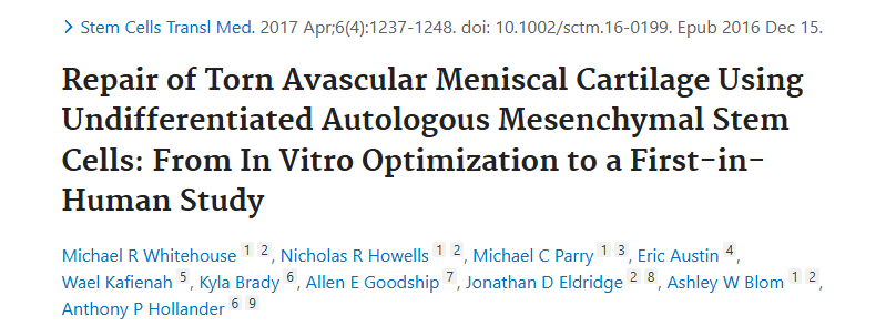 《使用未分化自體間充質干細胞修復撕裂的無血管半月板軟骨：從體外優化到首次人體研究》