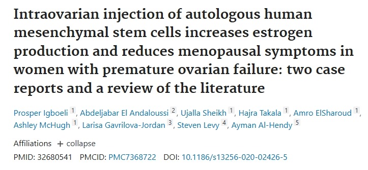 卵巢內注射自體人間充質干細胞可增加雌激素的產生并減輕卵巢早衰女性的更年期癥狀：兩項病例報告和一項文獻綜述