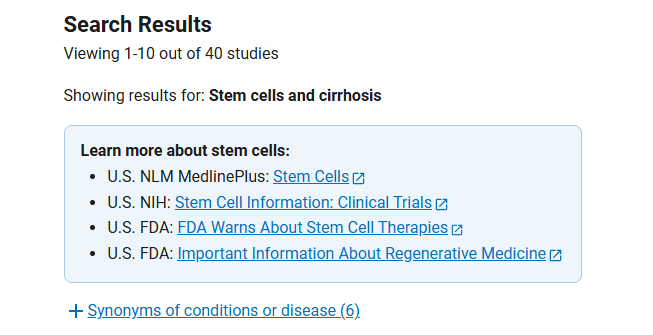 clinicaltrials.gov網站上注冊的有關干細胞治療肝硬化臨床研究項目有40項 clinicaltrials.gov網站上注冊的有關干細胞治療肝硬化臨床研究項目有40項