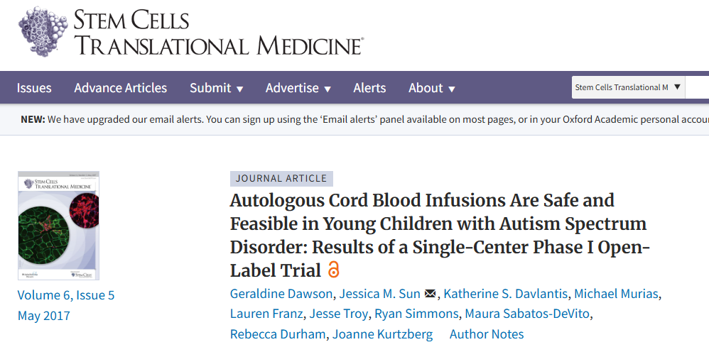 自體臍帶血輸注對患有自閉癥譜系障礙的幼兒來說是安全可行的：單中心 I 期開放標(biāo)簽試驗(yàn)的結(jié)果