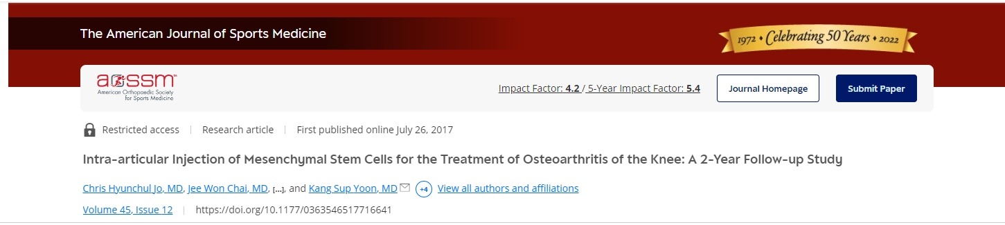 美國(guó)運(yùn)動(dòng)雜志:關(guān)節(jié)內(nèi)注射間充質(zhì)干細(xì)胞治療膝關(guān)節(jié)骨關(guān)節(jié)炎:為期2年的隨訪研究