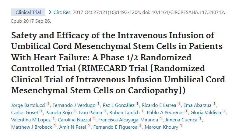臍帶間充質(zhì)干細(xì)胞靜脈輸注治療心力衰竭患者的安全性和有效性：1/2期隨機(jī)對(duì)照試驗(yàn)