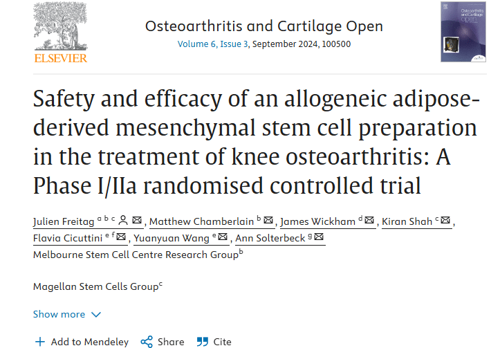 同種異體脂肪間充質(zhì)干細(xì)胞制劑治療膝關(guān)節(jié)骨關(guān)節(jié)炎的安全性和有效性:I/IIa 期隨機(jī)對(duì)照試驗(yàn) 同種異體脂肪間充質(zhì)干細(xì)胞制劑治療膝關(guān)節(jié)骨關(guān)節(jié)炎的安全性和有效性:I/IIa 期隨機(jī)對(duì)照試驗(yàn)