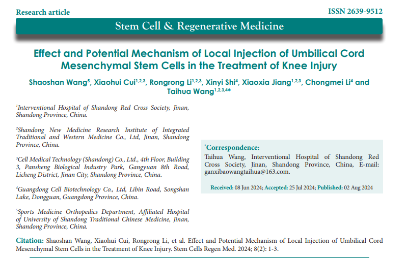 《臍帶間充質(zhì)干細(xì)胞局部注射治療膝關(guān)節(jié)損傷的療效及潛在機(jī)制》 臍帶間充質(zhì)干細(xì)胞局部注射治療膝關(guān)節(jié)損傷的療效及潛在機(jī)制