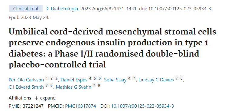 臍帶間充質基質細胞保留 1 型糖尿病患者的內源性胰島素產生:一項 I/II 期隨機雙盲安慰劑對照試驗 臍帶間充質基質細胞保留 1 型糖尿病患者的內源性胰島素產生:一項 I/II 期隨機雙盲安慰劑對照試驗