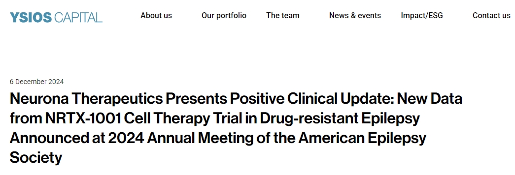 NeuronaTherapeutics在2024年美國癲癇協會年會上公布了耐藥性癲癇患者NRTX1001細胞療法試驗的新數據