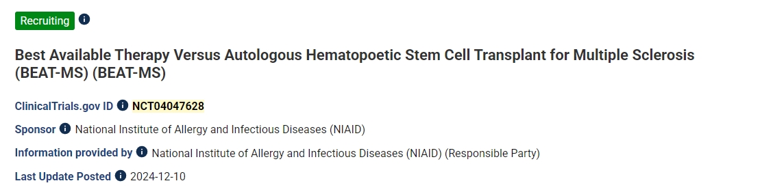 最佳可用療法與自體造血干細(xì)胞移植治療難治性復(fù)發(fā)性多發(fā)性硬化癥的多中心隨機(jī)對(duì)照試驗(yàn) (ITN077AI)