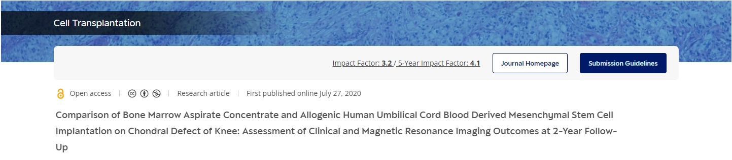 骨髓抽吸濃縮物和同種異體人臍帶血間充質干細胞移植治療膝關節軟骨缺損的比較:2年隨訪臨床和磁共振成像結果評估 骨髓抽吸濃縮物和同種異體人臍帶血間充質干細胞移植治療膝關節軟骨缺損的比較:2年隨訪臨床和磁共振成像結果評估