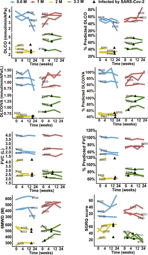圖3-圖補充1：細胞治療后不同時間點預測DLCO%、DLCO、預測DLCO/VA%、DLCO/VA、預測FVC%、FVC、6MWD及SGRQ評分的變化。
