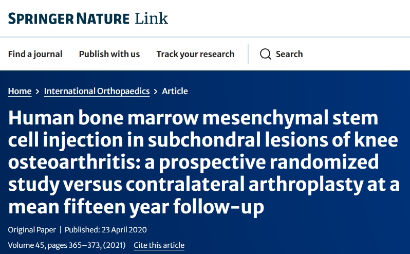 人骨髓間充質(zhì)干細胞注射治療膝關(guān)節(jié)骨性關(guān)節(jié)炎軟骨下?lián)p傷：一項前瞻性隨機研究，對比平均十五年隨訪的對側(cè)關(guān)節(jié)置換術(shù)