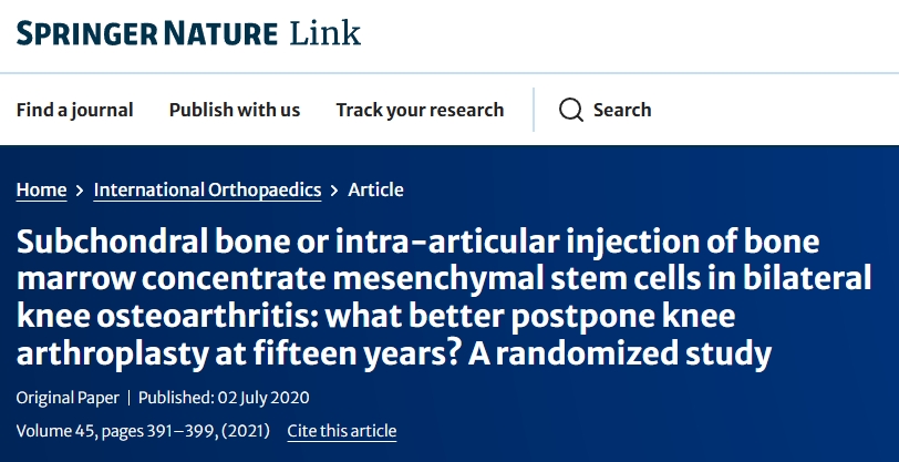 雙側(cè)膝骨關(guān)節(jié)炎：軟骨下骨或關(guān)節(jié)內(nèi)注射骨髓濃縮間充質(zhì)干細胞：哪種方法更有利于推遲15年后的膝關(guān)節(jié)置換術(shù)？一項隨機研究