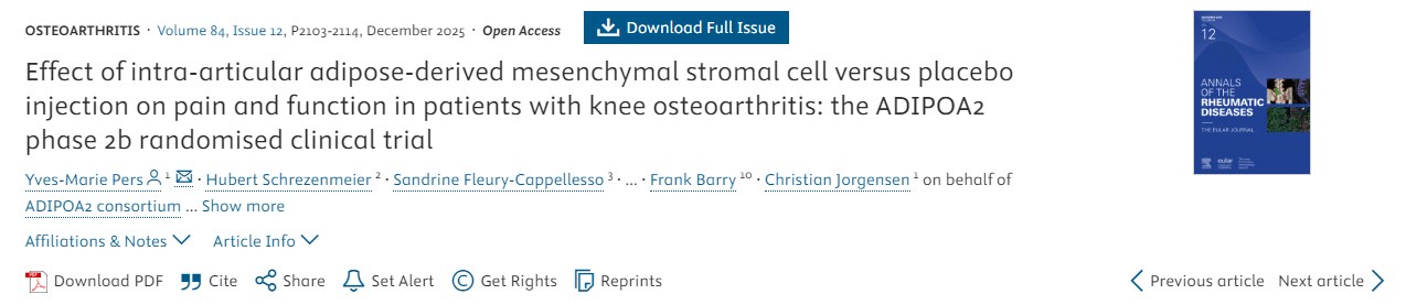 關節內注射脂肪來源間充質干細胞與安慰劑對膝骨關節炎患者疼痛和功能的影響：ADIPOA2 2b期隨機臨床試驗