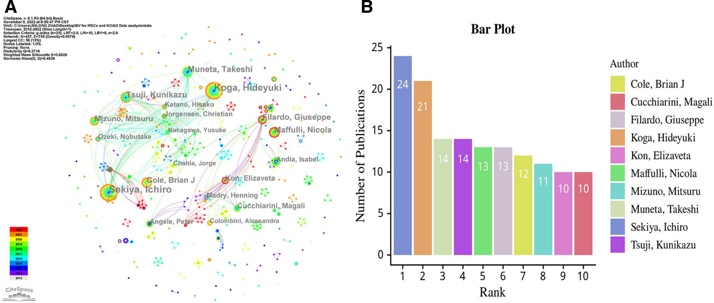 圖3：(A) 參與MSCs和KOA研究的作者網絡可視化。(B) 前10位高產作者。