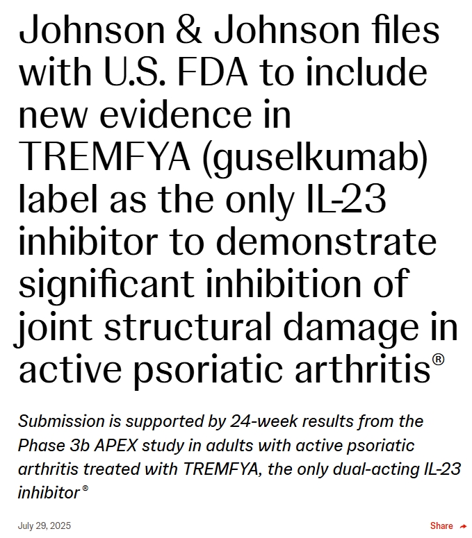 強(qiáng)生向美國(guó)FDA提交文件，將新證據(jù)納入TREMFYA (guelkumab)標(biāo)簽，作為唯一的兒-23抑制劑，以證明對(duì)活動(dòng)性銀屑病關(guān)節(jié)炎關(guān)節(jié)結(jié)構(gòu)損傷有顯著抑制作用。