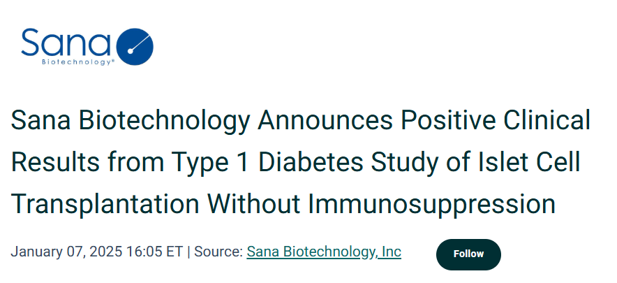 Sana Biotechnology宣布1型糖尿病患者無免疫抑制胰島細胞移植研究取得積極臨床結果