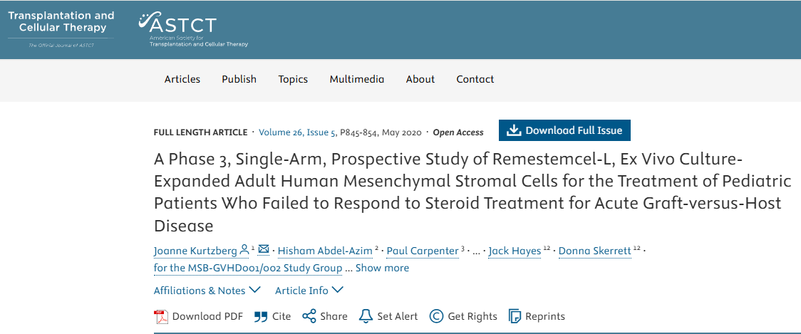 一項3期單組前瞻性研究,探討Remestemcel-L(體外培養(yǎng)擴增的成人人類間充質(zhì)基質(zhì)細(xì)胞)對類固醇治療急性移植物抗宿主病無效的兒科患者的療效 一項3期單組前瞻性研究,探討Remestemcel-L(體外培養(yǎng)擴增的成人人類間充質(zhì)基質(zhì)細(xì)胞)對類固醇治療急性移植物抗宿主病無效的兒科患者的療效