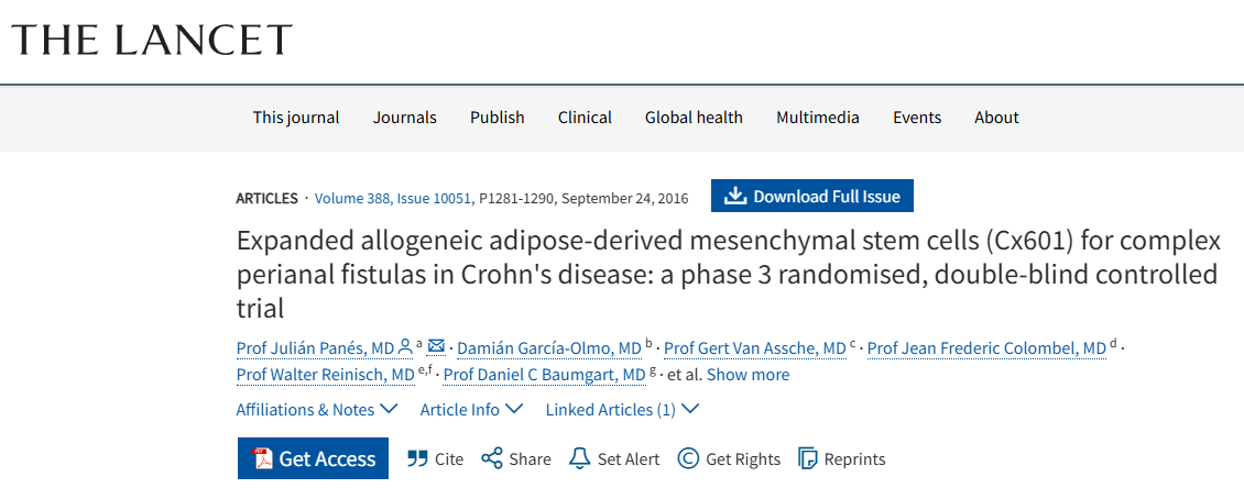擴增同種異體脂肪間充質(zhì)干細(xì)胞(Cx601)治療克羅恩病復(fù)雜肛周瘺:一項3期隨機雙盲對照試驗 擴增同種異體脂肪間充質(zhì)干細(xì)胞(Cx601)治療克羅恩病復(fù)雜肛周瘺:一項3期隨機雙盲對照試驗
