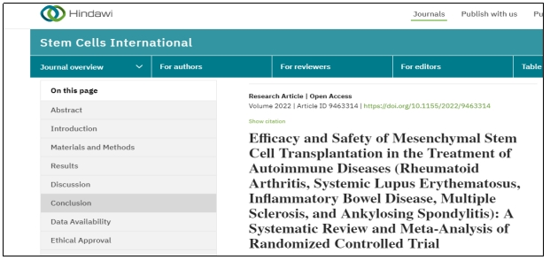 間充質干細胞移植治療自身免疫性疾病（類風濕關節炎、系統性紅斑狼瘡、炎癥性腸病、多發性硬化癥和強直性脊柱炎）的療效和安全性：隨機對照試驗的系統綜述和薈萃分析