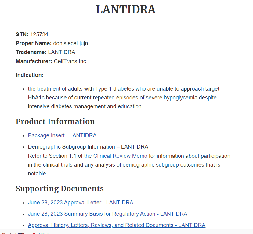 美國Food and Drug Administration（FDA）正式批準(zhǔn)Lantidra用于成人1型糖尿病患者