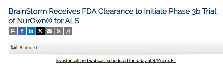 BrainStorm公司獲得FDA批準,啟動NurOwn?治療ALS的3b期臨床試驗 BrainStorm公司獲得FDA批準,啟動NurOwn?治療ALS的3b期臨床試驗