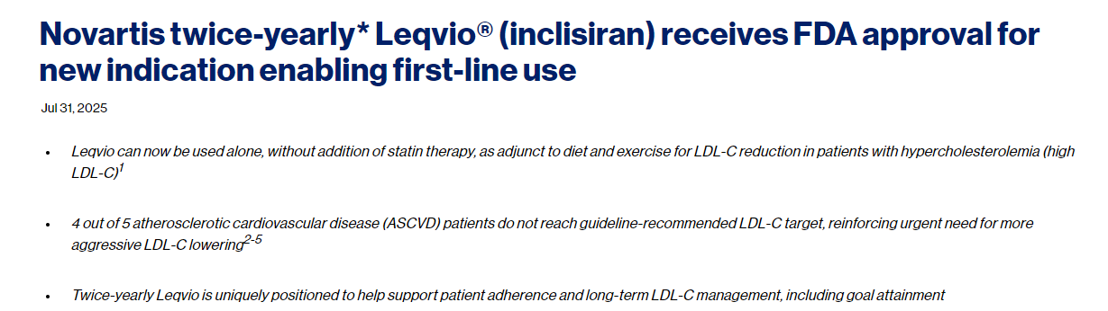 諾華公司每半年*推出的 Leqvio?（inclisiran）獲得 FDA 批準，用于新的適應癥，使其成為一線治療藥物。